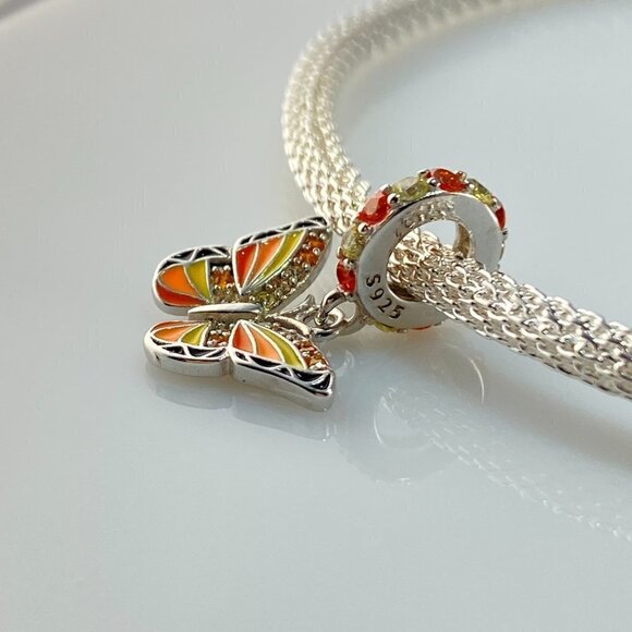 Sterling Silver Yellow Orange Black Cubic Zirconia Butterfly Dangle Charm - Picture 3 of 8
